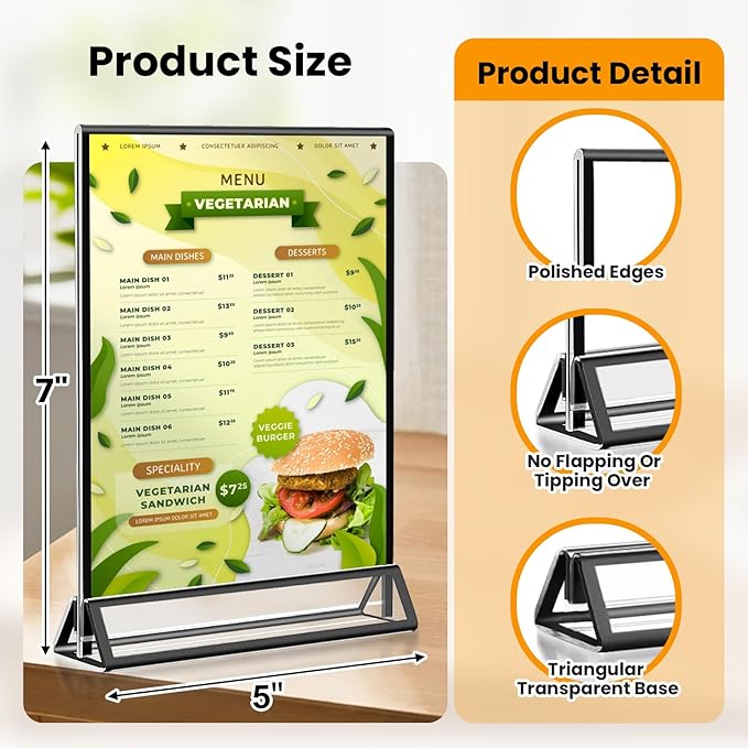 Acrylic Black Sign Holders 5x7, 12 Pack Wedding Black Table Number Holders, Double Sided Photo Display Picture Frame Paper Stand, Clear Flyer Stand Menu Holder for Wedding, Home, Party, Restaurant