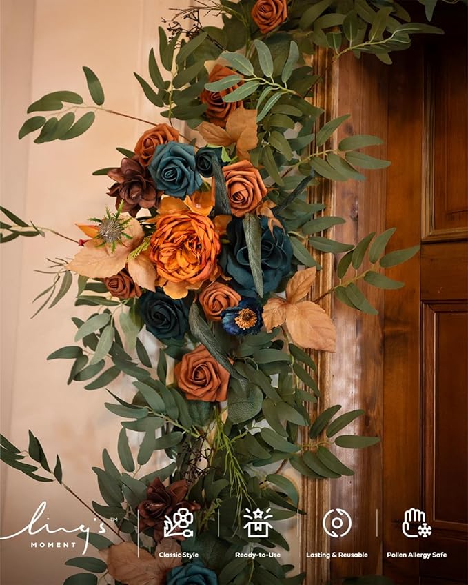 Ling's Moment Flower Garland - 6FT Eucalyptus & Rose - Sweetheart Table Decor for Wedding Reception, Artificial Floral Garland for Mantle, Christmas Decoration, Dark Teal & Burnt Orange