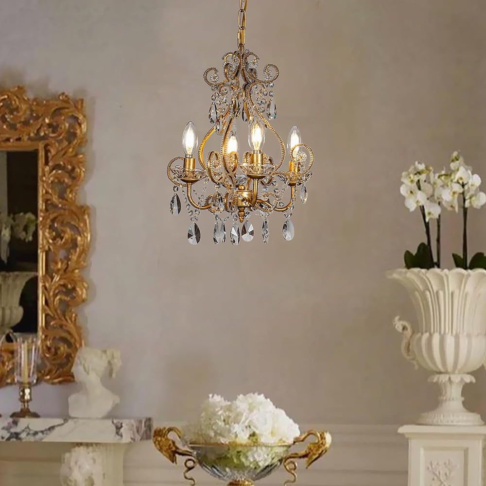 4-Light W14 in. French Country Chandelier Antique Gold Small Crystal Chandeli...