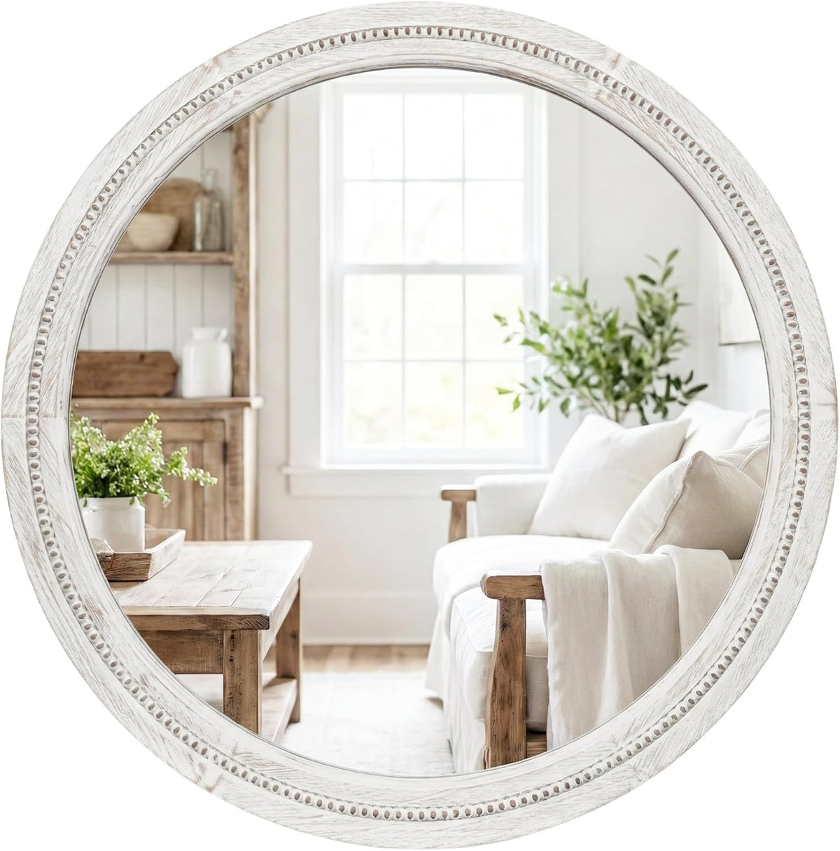 Solid Wood 30 Inch Round Beaded Bathroom Mirror, Distressed White