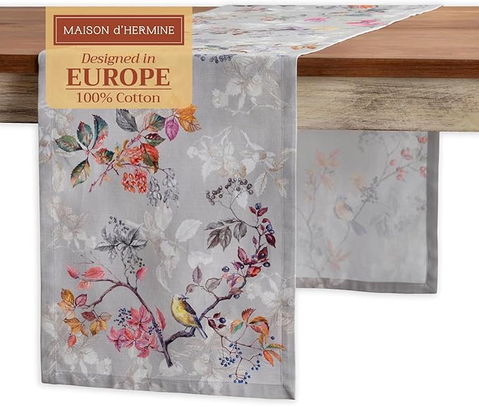 Maison d' Hermine Table Runner 100% Cotton Single Layer Table Runners 108 inches Long for Thanksgiving Christmas Decorations Home Kitchen Dining Party Wedding (Equinoxe - Grey, 14.5" x 108")