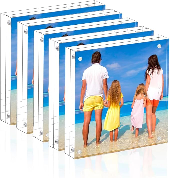 Meetu Acrylic 4x4 Picture Frame Clear Two Sided Desk Photo Frame Magnetic Frame Inner Size 3x3 with Gift Pack for Display Family Pictures Baby Photos Friends Pictures or Pet Dog Picture（5 Pack）