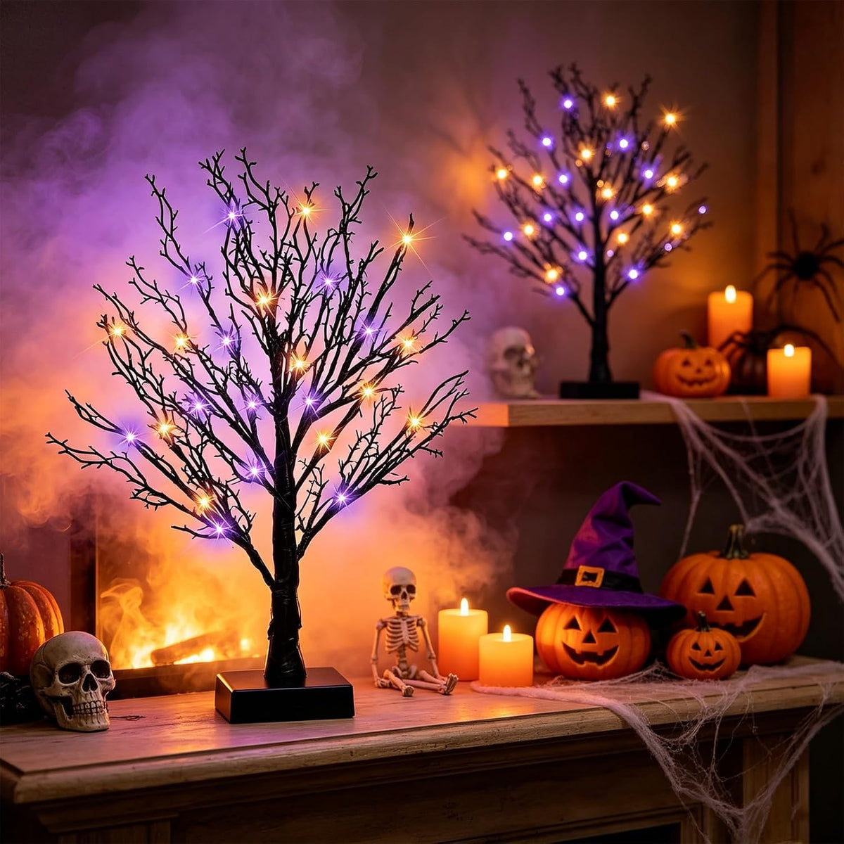 Halloween Decor Indoor, 2 Pack 24 Inch Black Halloween Tree Set, 48 Orange & Purple LED Lights, USB & Battery Powered Tabletop Spooky Twig Trees with 6H Timer, Creepy Halloween Decorations for Mantels