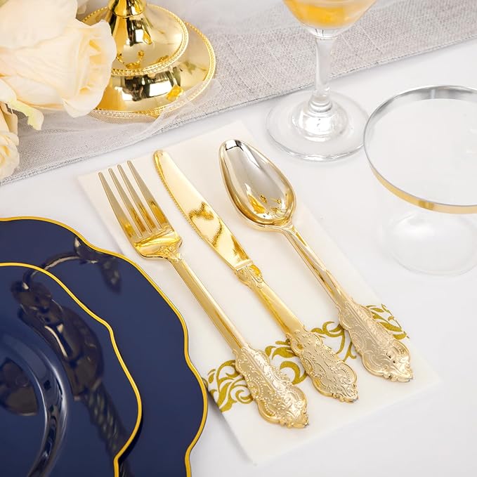 NOCCUR 175PCS Blue Plastic Plates with Disposable Silverware - Include 50 Blue Disposable Plates with Gold Rim,75 Gold Cutlery,25 Cups,25Napkins for Party/Hanukkah/Thanksgiving