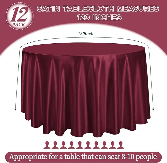 fani 12 Pack 120 Inch Burgundy Satin Tablecloth - Premium Bright Silky Round Tablecloth Overlay Smooth Fabric Table Cover, Table Decoration for Wedding Party Banquet Events Restaurant Kitchen Dining