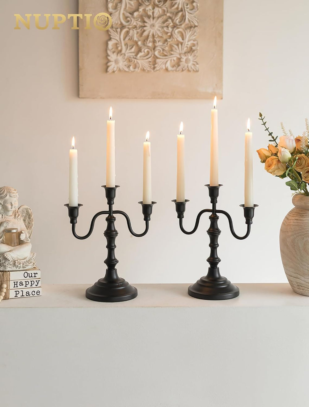 NUPTIO Candelabra Black Candle Holders: Vintage Candlestick Holder 3 Arm