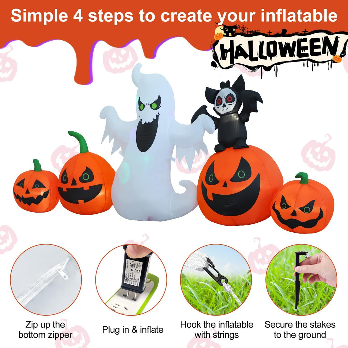 hzgdejtg 8ft bat pumpkin row stand halloween inflatable, package contents