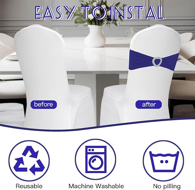 100PCS Spandex Stretch Navy Blue Chair Sashes Bows Universal Elastic Chair Cover Bands Ties with Buckle Slider for Wedding Party Ceremony Reception Event Banquet Decoration(Navy Blue)