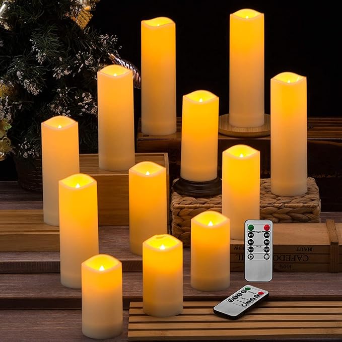 12 Pack Flameless Candles Battery Operated Waterproof Led Candles (D:2.2" X H:4" 5" 6" 7") Candles with 2 Remotes Contro for Wedding, Party, Birthday