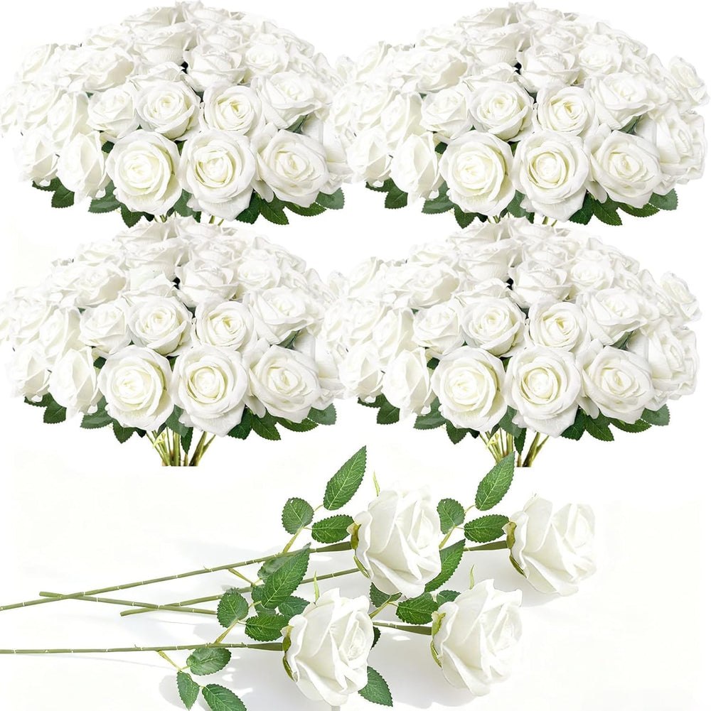 100 Pcs White Fake Roses Artificial Flowers Bulk Fake Flowers Wedding Decor