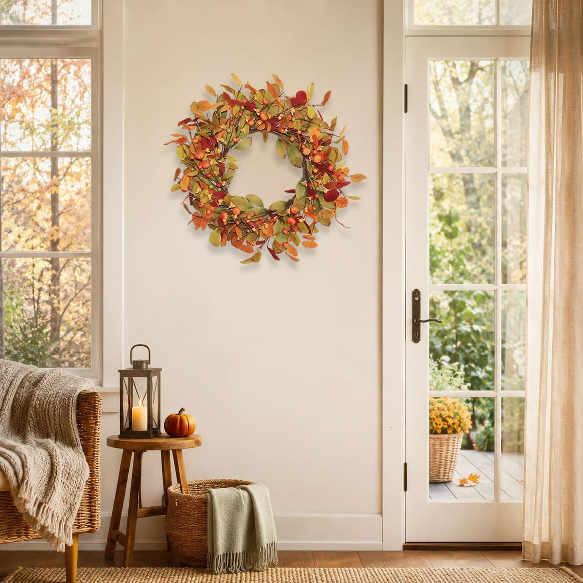 18-20 inch eucalyptus and magnolia fall wreath with, side view