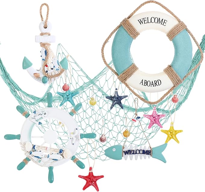 Marsui 11 Pcs Wooden Nautical Wall Decor Fishing Net Decorations, Include Decorative Fishing Net, Ship wheel, Fish Skeleton, Life Ring, Anchor, Starfish Beach Decor for Mediterranean Party (Teal)