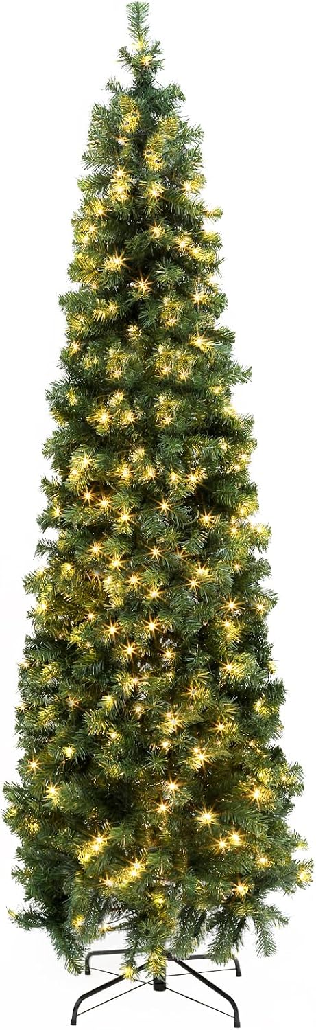 Okicoler Pre-Lit Pencil Artificial Holiday Slim Christmas Tree with Warm Ligh...
