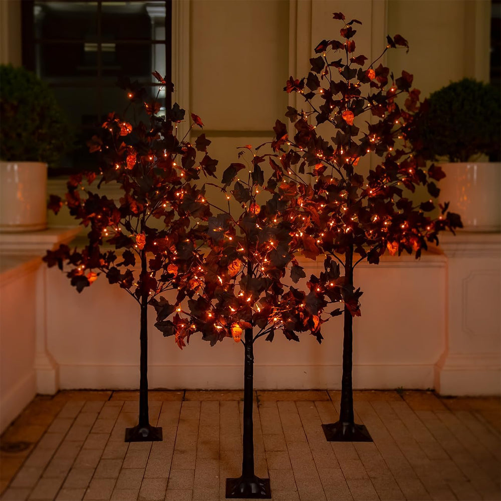 4ft Black Maple Halloween Tree with LED Skull Lights & Spiders
