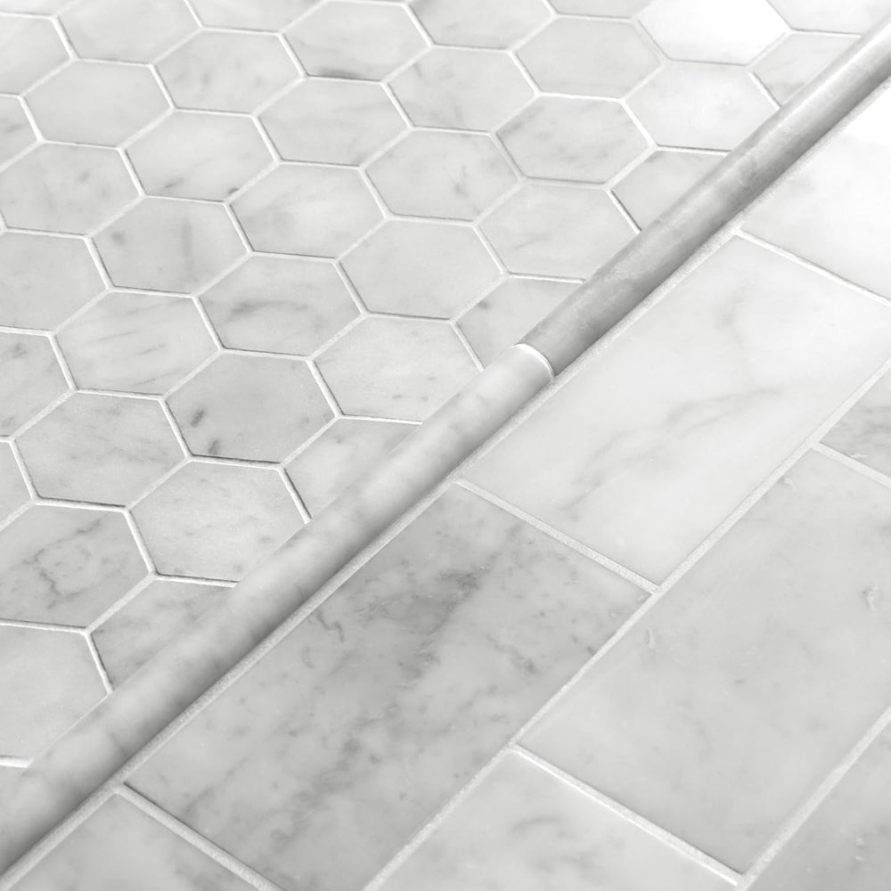 10-Pack Carrara White Marble Pencil Liner Tile, 3/4" x 12" Honed Na...
