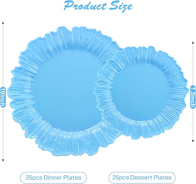 50 Pcs Blue Floral Plastic Plates, Fancy Disposable Plate, Heavy Duty Plastic Plates Set include 25 10" Dinner & 25 7.5" Dessert Plates for Party & Wedding