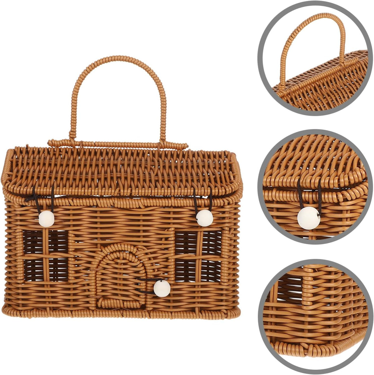 HANABASS House-Shaped Storage Basket with Lid, Brown PP Woven with Handle