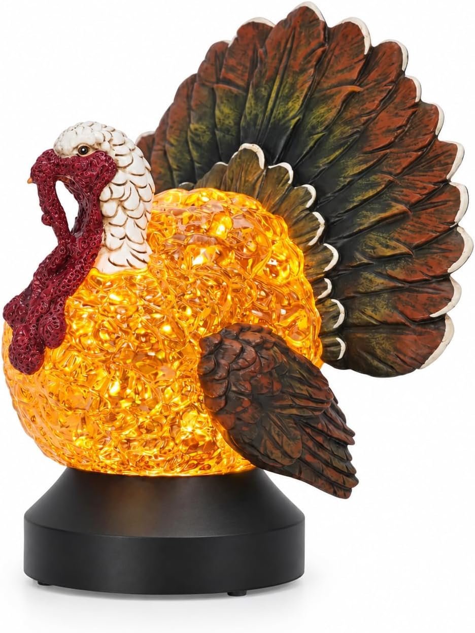 Thanksgiving Turkey Snow Globe Lantern, Lighted Fall Tabletop Decoration with...