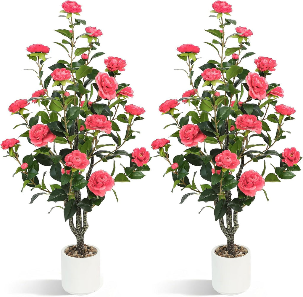 UPBUD Artificial Camellia Tree 2 Pack, 3.6FT Tall Fake Camellia Plant