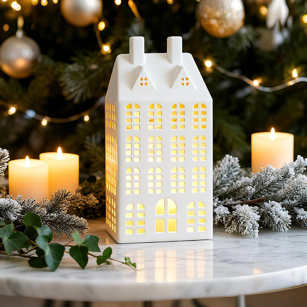 DN DECONATION Light Up Christmas Village House, White Ceramic House Decor
