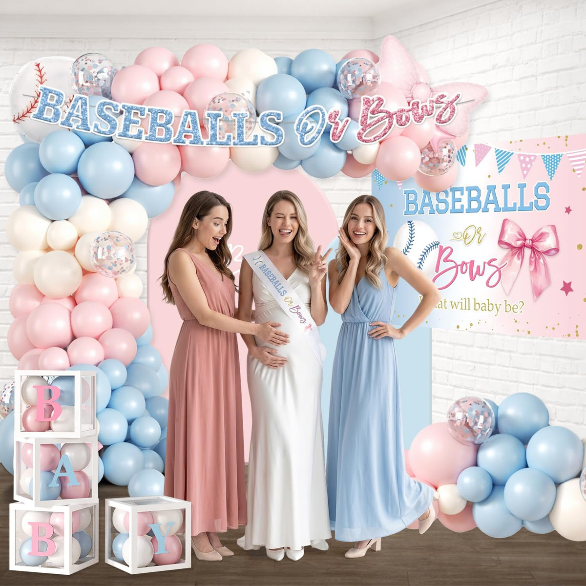 Cocomigo Baseballs or Bows Gender Reveal Decorations, Serves for 25