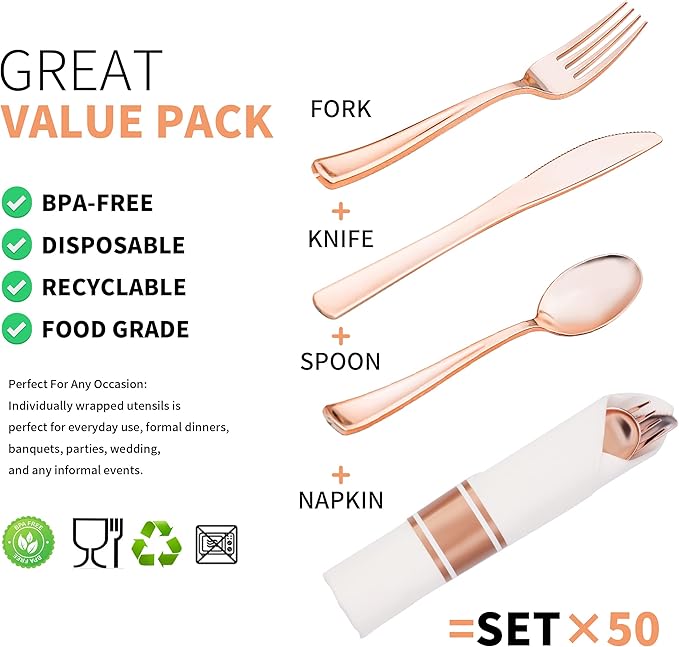 50 Pack Pre Rolled Rose Gold Plastic Silverware Set with Napkins,Disposable Wrapped Heavy Duty Cutlery Set for Wedding Birthday Party-50 Forks,Knives,Spoons,Utensils Set,Plasticware Bulk