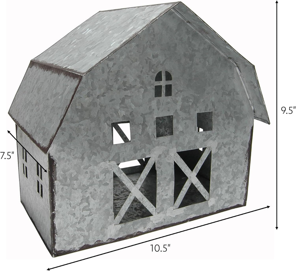 tabletop farmhouse decor, tin houses, christmas display barn, side view