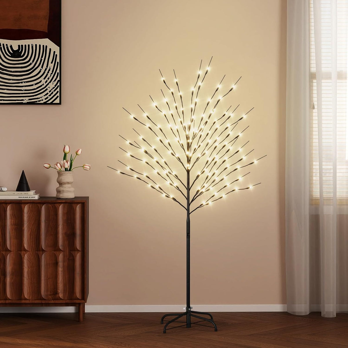 DoCred 5ft Lighted Tree with Warm White LED Lights for Holiday Indoor Outdoor Decor, 8 Lighting Modes, Waterproof - Artificial Tree Ideal for Home Patio Wedding Festival Christmas Decor