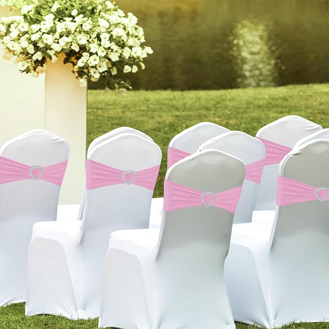 100PCS Spandex Stretch Chair Sashes Bows Universal Elastic Chair Cover Bands Ties with Buckle Slider for Wedding Party Birthday Reception Events Banquet Decoration(Pink)
