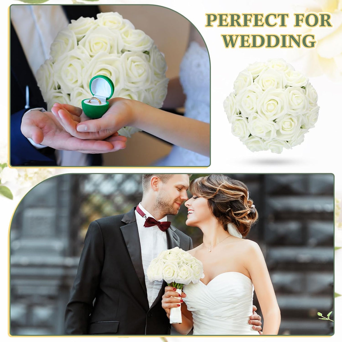 Tigeen 200 Pack White Artificial Roses with Stems, Foam Flowers Bulk