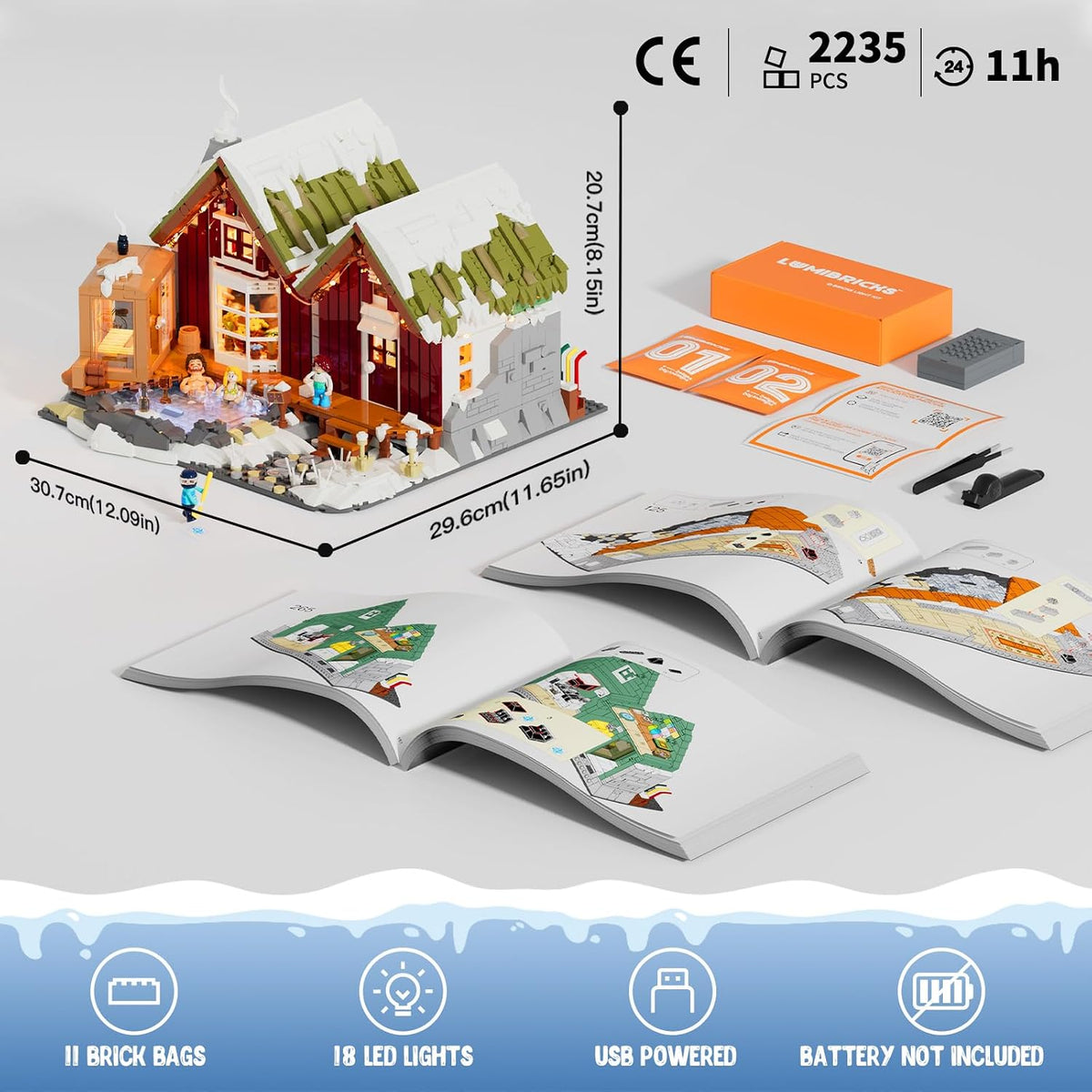 LUMIBRICKS Spa-Cabin Winter Lighting-Building-Bricks Set - 2235 Pcs Christmas House Winter Lodge LED Light Construction Building Christmas Village Model Set for Adults and Families