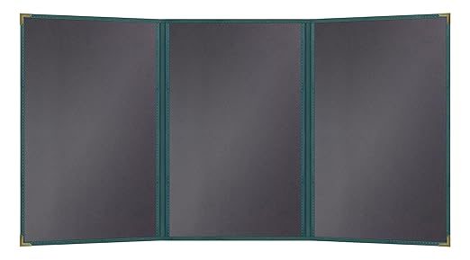 Goodsmart Pajco Style Restaurant Menu Covers – Pack of 10, Side-Load Fold-Out Menu Holders, Single Stitched Edge Clear Vinyl Menu Sleeves, Leatherette Trim Gold Corners, Green, 3 View (8.5" x 14")