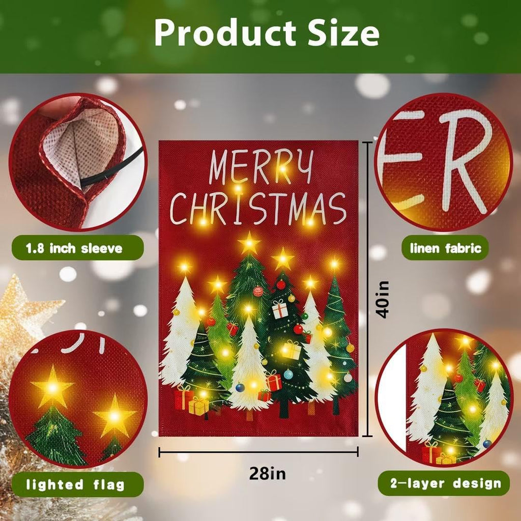 lighted christmas garden flag for outside, xmas tree, side view