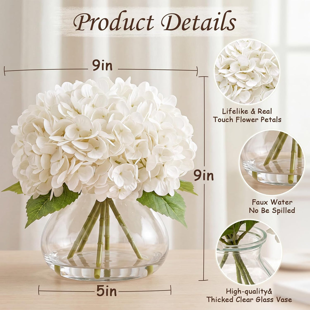 Real Touch Artificial Hydrangea in Vase,Premium Faux Flowers with Faux Water for Home Decoration,Coffee,Table,Wedding,White Fake Hydrangea with Vase for DIY Floral Arrangements