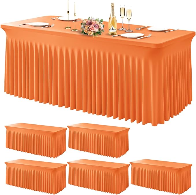 Wish Care 6 Pack Orange Spandex Table Clothes for 6 Foot Rectangle Tables, 6FT Wrinkle Free Fitted Tablecloths Ruffles Design Table Cover for Party, Banquet, Wedding and Events