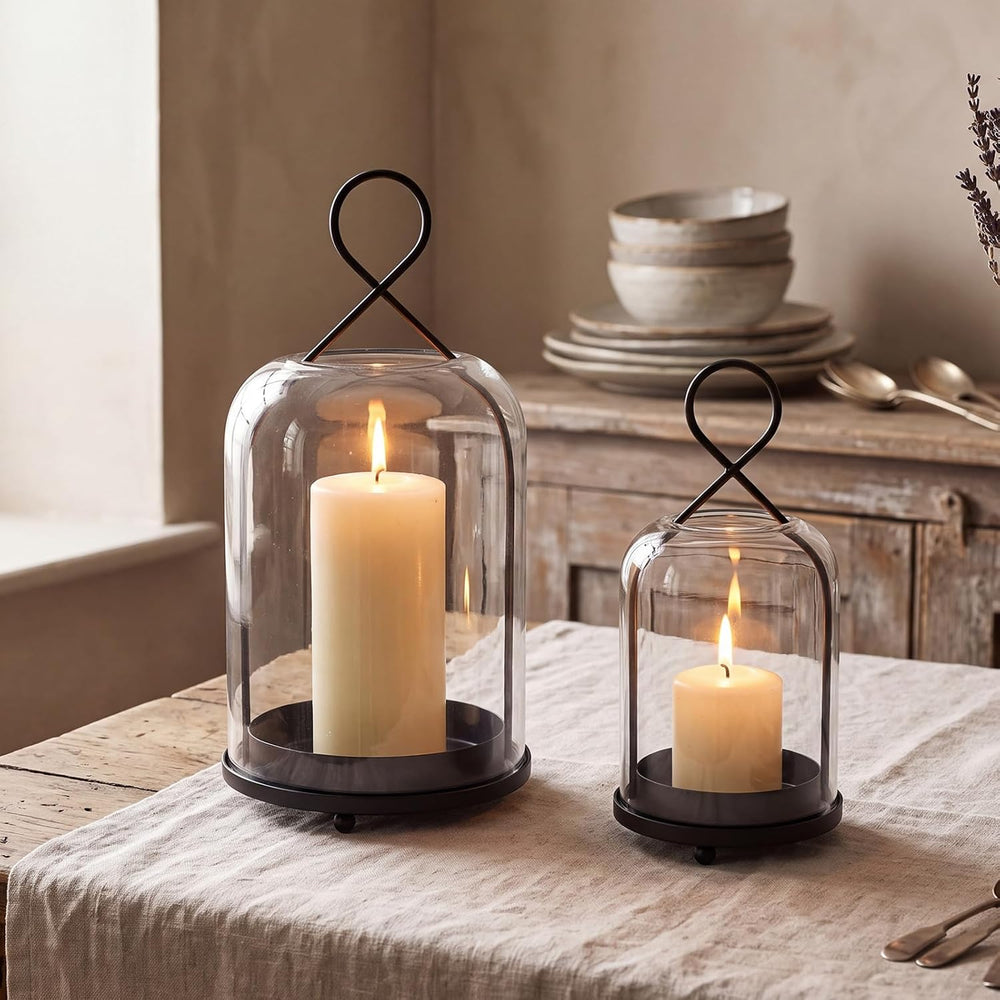 Hurricane Glass Candle Holders Set of 2 Black Hanging Pillar Candle Lantern