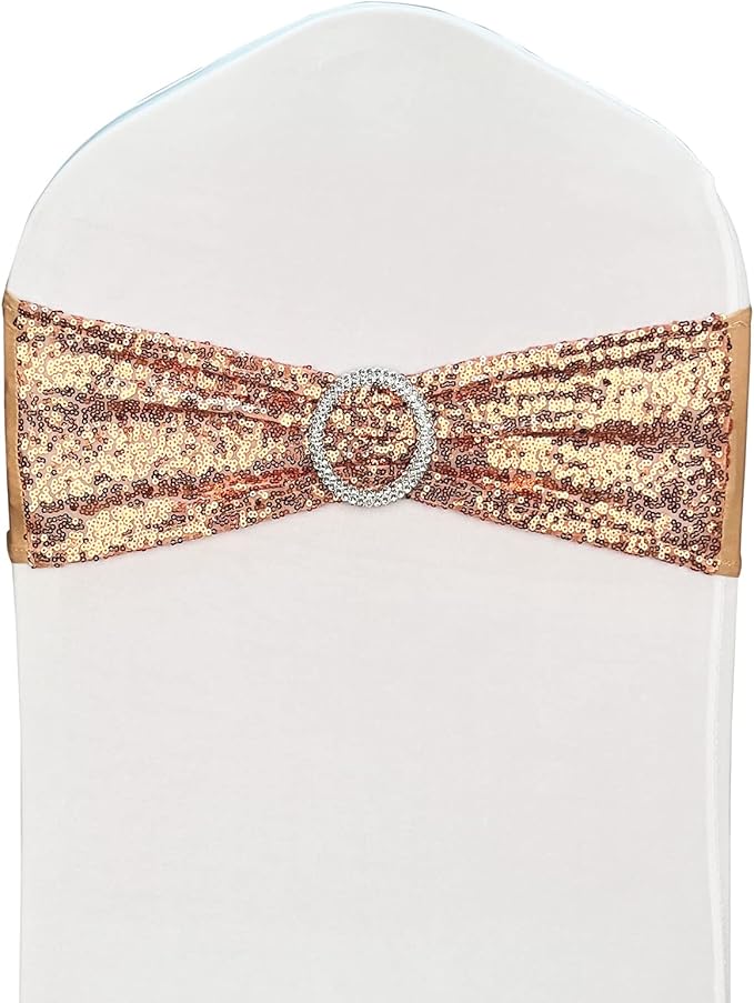 25 Pcs Chair Sashes Sequin Stretch Chair Bands Spandex Polyester Bows for Party Hotel Wedding Banquets Decoration - Rose Gold