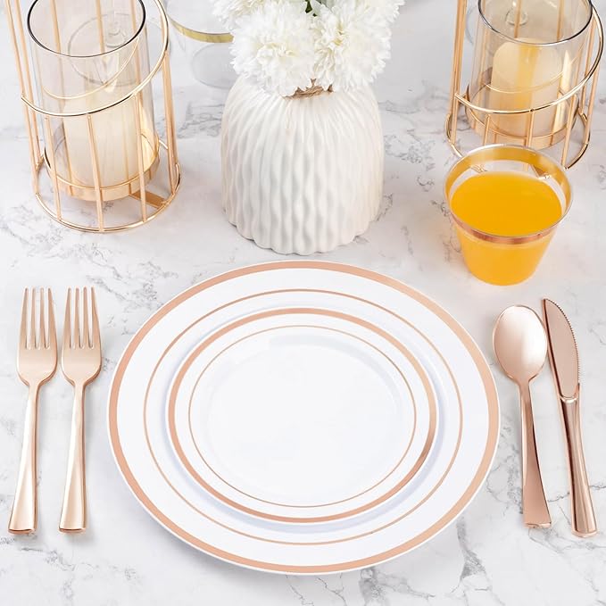 600PCS Rose Gold Plastic Plate Set (100 Guests), Plastic Plates for Party Wedding Birthday, Disposable Dinnerware Set of 200 Plates, 200 Forks, 100 Spoons, 100 Knives for Christmas