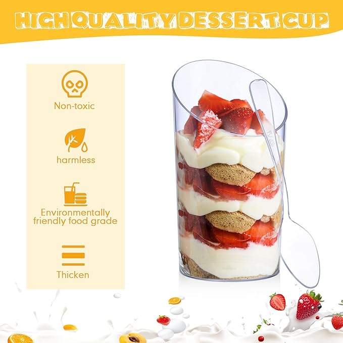 Nuogo 100 Pcs Mini Dessert Cups with Spoons Include 3 oz Square Plastic Appetizer Cups 2.5 oz Slanted Round Parfait Shooter Cup Small Clear Mousse Pudding Cup for Wedding Baby Shower Birthday Party (200 Pcs)