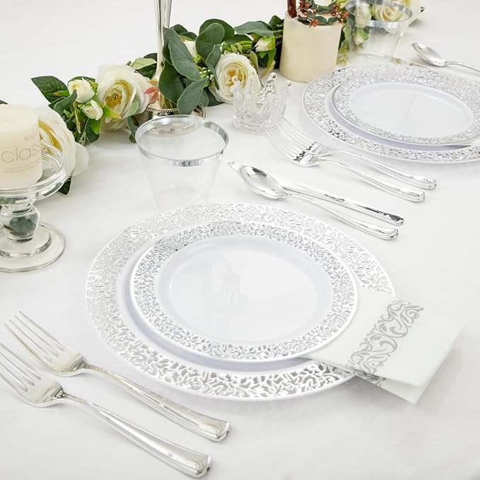 WELLIFE 350pcs Silver Party Dinnerware Set for 50 Guests, Silver Wedding Plates Disposable Heavy Duty, Including :50 Dinner Plates, 50 Dessert Plates, 50 Cups, 50 Napkins, 50 Sliver Silverware Set