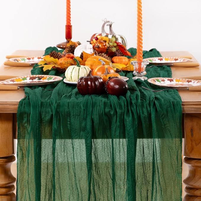 Emerald Green Cheesecloth Table Runner 12 Pack Fall Table Runners Boho Gauze 120 Inches Green Cheese Cloth Fall Table Decorations for Thanksgiving Wedding Bridal Baby Shower Tea Party