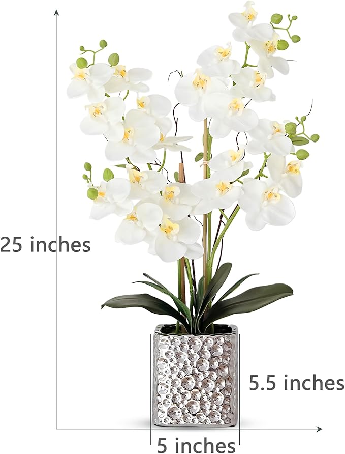 Orchid Artificial Flowers with Sliver Vase Large Silk Faux Phalaenopsis Flowers for Dining Room Table Floral Centerpieces Indoor Decoration,White
