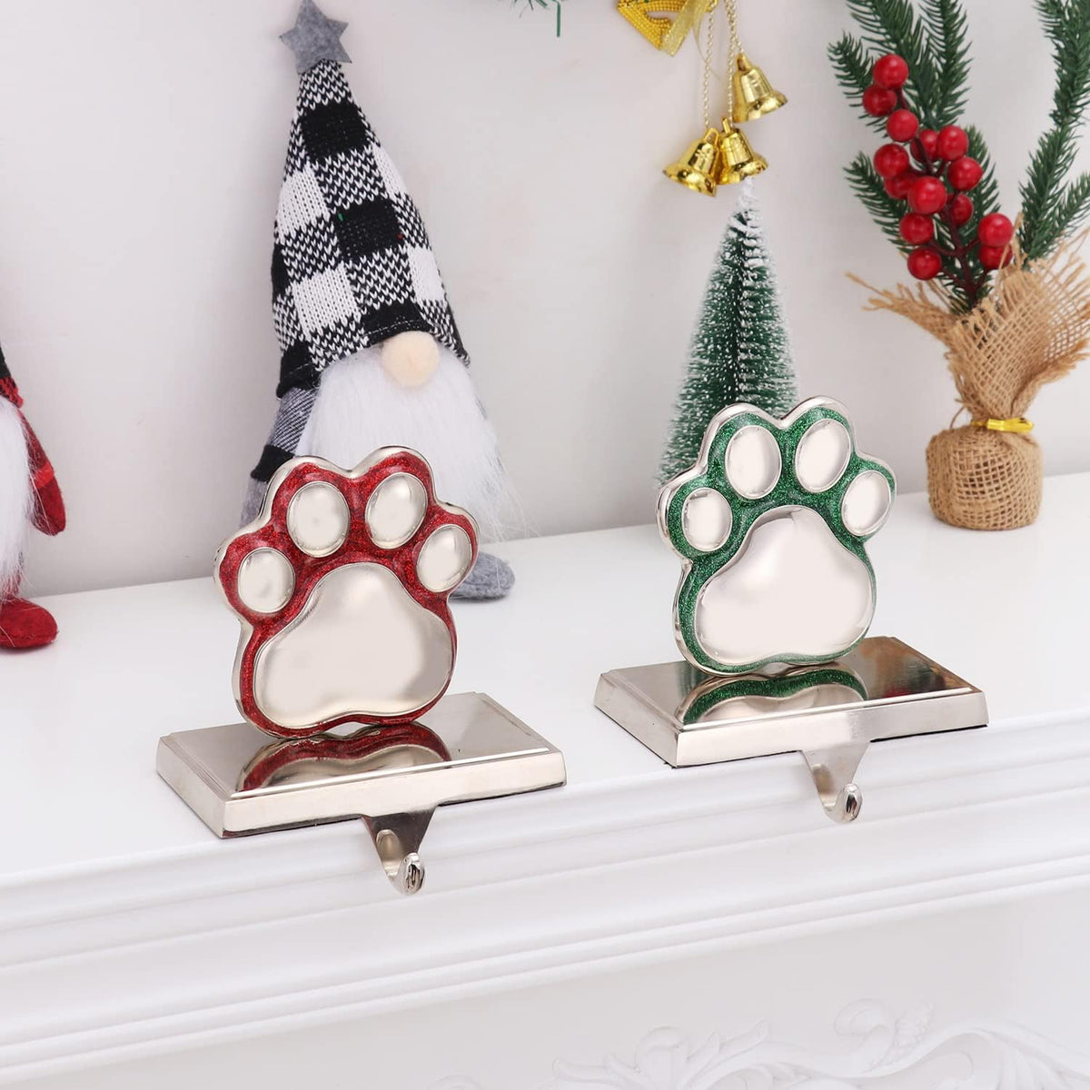 2Set Dog Paw Print Stocking Holder Xmas Stocking Hanger for Mantel Weighted Dog Stocking Holders for Mantle for Fireplace Heavy Stocking Hooks for Mantle (Dog Paw,2)