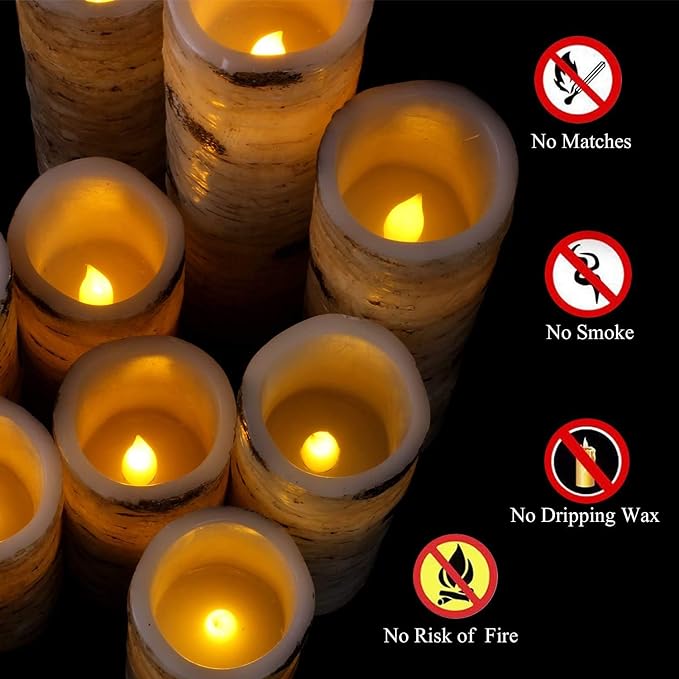 Flameless Flickering LED Candles with Birch Bark Effect - Set of 9 Battery-Operated Real Wax Pillar Candles with 10-Key Remote Control - 2/4/6/8 Hour Timer