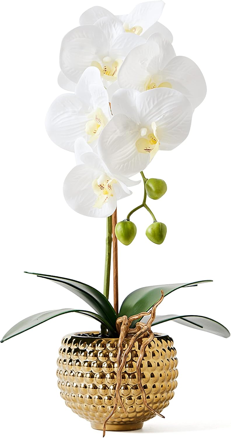 Orchids Artificial Flowers, 15" Faux Orchid in Gold Flower Pot Real Touc...