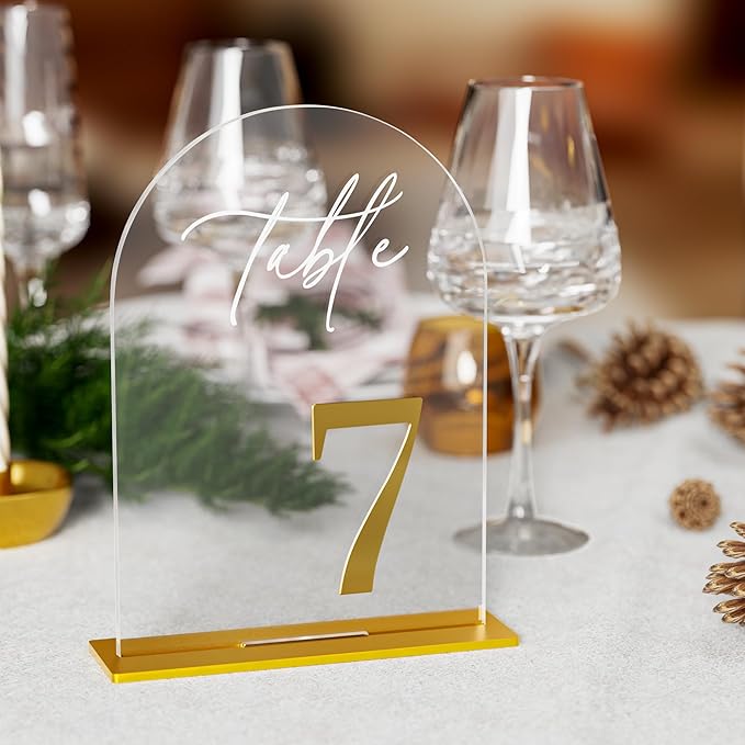 Arch Wedding Table Numbers 1-15 with Stands, Elegant Gold Number 5.5 x 7” Arch Acrylic Signs with Holder, Clear Acrylic Table Numbers for Wedding Reception, Anniversary, Party, Events