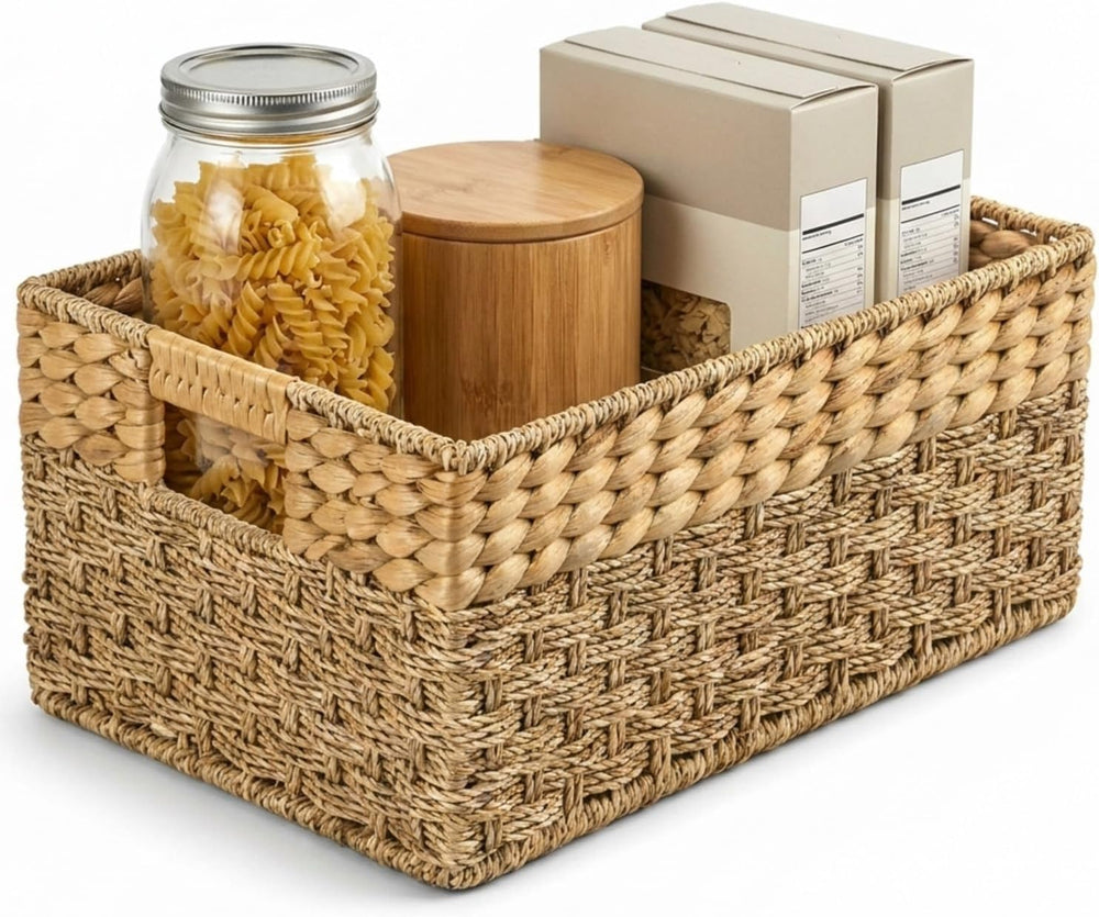 Large Wicker Storage Basket with Handles, Seagrass Hyacinth, 17x11 x7.5 in