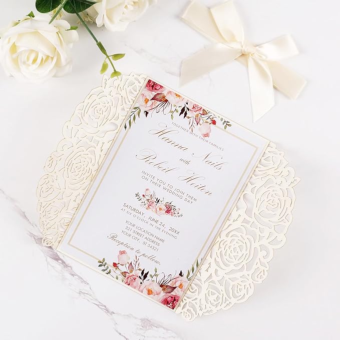 50pcs Gold Glitter Laser Cut Invitation Pockets Rose Personalized Blank Wedding Invitations with Envelopes and Rsvp Cards for Wedding Bridal Shower QuinceañEra Engagement Party Invite