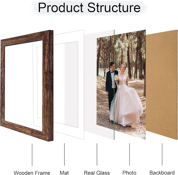 8x12 Picture Frame Set of 4 with High Definition Real Glass, Display 6x8 Pictures with Mat or 8 x 12 Without Mat, Rustic Wood Photo Frames for Tabletop and Wall Mounting