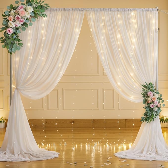 10ft x 7ft White Chiffon Backdrop Curtain with Lights String for Parites Wedding Wrinkle Free Curtain Photo Backdrops Drapes for Baby Shower Birthday Party Home Decorations